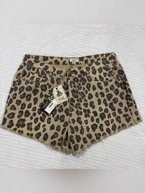 Leopard Print High-Rise Denim Shorts - Tan/Black